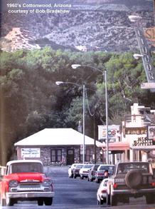 1960's Bob Bradshaw photo of Old Town Jail in background with the Tuzigoot National Monument (Indian Ruins) above...